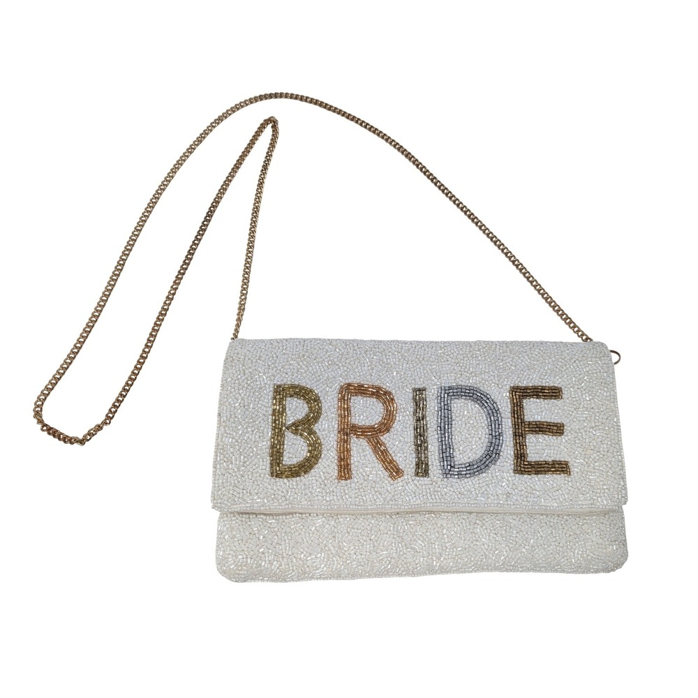 Beaded BRIDE Crossbody Bag White Canvas Gold Chain Wedding Bachelorette